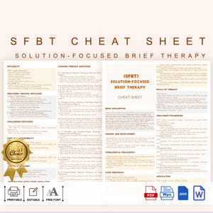 以下が含まれることがあります： ソリューション・フォーカス・ブリーフ・セラピー（SFBT）の印刷可能なチートシート。治療プロセス、一般的なセラピーの質問、基本原則、およびアプリケーションの詳細な内訳が記載されています。このチートシートは、セラピストとクライアントにとって役立つリソースとなるように設計されています。