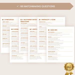 K&ouml;nnte beinhalten: Ein Satz bedruckter Karten mit Fragen zu Beziehungen und Pers&ouml;nlichkeit. Die Karten sind wei&szlig; mit braunem Text und &Uuml;berschriften. Der Text "180 MATCHMAKING QUESTIONS" steht oben. Ein goldenes "Best Choice"-Siegel befindet sich unten rechts.