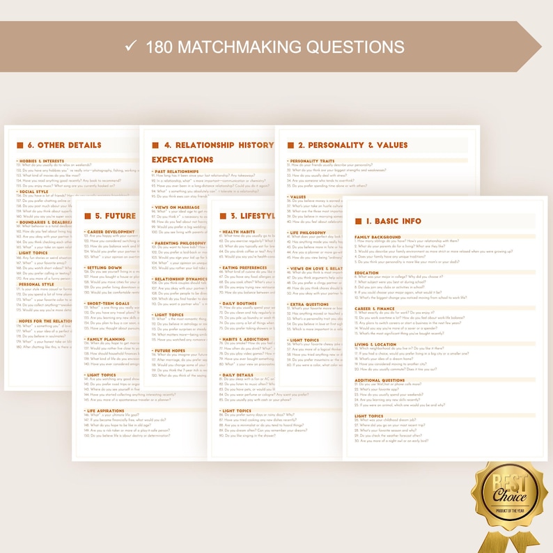 K&ouml;nnte beinhalten: Ein Satz bedruckter Karten mit Fragen zu Beziehungen und Pers&ouml;nlichkeit. Die Karten sind wei&szlig; mit braunem Text und &Uuml;berschriften. Der Text "180 MATCHMAKING QUESTIONS" steht oben. Ein goldenes "Best Choice"-Siegel befindet sich unten rechts.