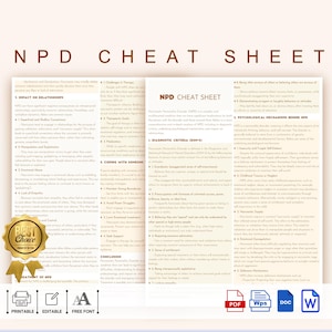 May include: A printable cheat sheet with information about Narcissistic Personality Disorder (NPD). The cheat sheet is divided into three sections: Impact on Relationships, Coping with Someone with NPD, and Psychological Mechanisms Behind NPD. The cheat sheet is in a light brown color scheme with a brown border.
