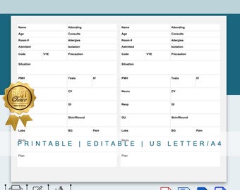 2PPS Nurse Report Sheet Template, 2PPS Handoff Report Sheet Template for Nurses, Two Patient Reporting Template, Nurse Brain Sheet