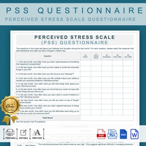 Perceived Stress Scale (PSS) Questionnaire, Printable Stress Management Assessment Tool, Editable PSS Questionnaire, Stress Evaluation Form