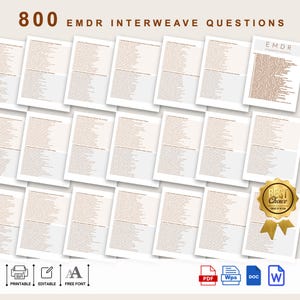 May include: A set of 800 EMDR Interweave Questions printable worksheets. The worksheets are organized in columns with a title at the top of each column. The title at the top of the page reads "800 EMDR Interweave Questions".