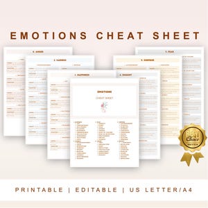 Può includere: Foglio di trucchi sulle emozioni stampabile con un design floreale. Il foglio è diviso in sezioni per ogni emozione, tra cui felicità, tristezza, rabbia, paura, sorpresa e disgusto. Ogni sezione elenca parole e frasi associate a quell'emozione.