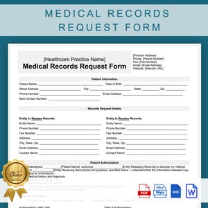 Medical Records Request Form Template, Printable Healthcare Medical Records Release Form, Editable for Healthcare Providers