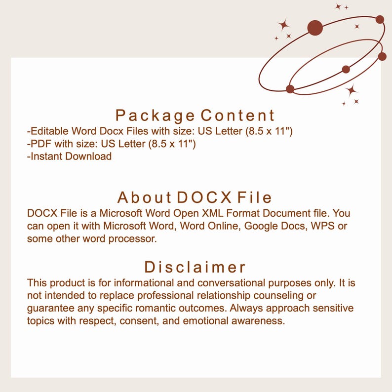 K&ouml;nnte beinhalten: Cremefarbenes digitales Dokument mit Text &uuml;ber DOCX-Dateien und einem Haftungsausschluss. Das Dokument enth&auml;lt den Text "Package Content", "About DOCX File" und "Disclaimer". Die Dokumentgr&ouml;&szlig;e ist US Letter (21,6 x 27,9 cm).