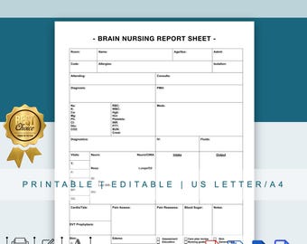 Printable Brain Nursing Report Sheet Template, Editable Nurse Brain Sheet, for Shift Handoff,for Patient Care Documentation