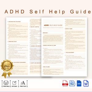 Guía de autoayuda para el TDAH imprimible, guía de manejo del TDAH, hoja de referencia editable para el TDAH, para la autoayuda del trastorno por déficit de atención e hiperactividad