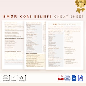 Könnte beinhalten: Ein druckbares Spickzettel mit einer Liste von Kernüberzeugungen für die EMDR-Therapie. Das Blatt ist in drei Abschnitte unterteilt: Zusätzliche EMDR-Techniken, Kategorien negativer Kernüberzeugungen und Verständnis von Kernüberzeugungen in EMDR. Das Blatt enthält auch einen Abschnitt über positive Kernüberzeugungen für die Wiederaufarbeitung.
