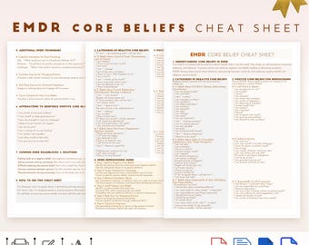 EMDR Core Belief Cheat Sheet, EMDR Negative and Positive Core Beliefs Cheat Sheet, Trauma Recovery Guide,Trauma and PTSD Core Beliefs Guide