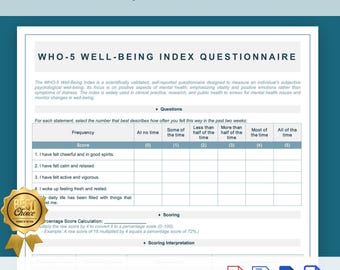 WHO-5 Well-Being Index Template, Printable Mental Health Questionnaire, Editable WHO-5 Well-Being Index Questionnaire