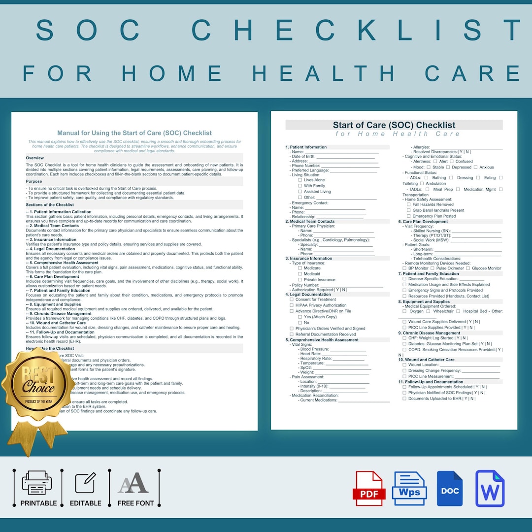 Comprehensive Soc Checklist for Home Health Care, Editable Start of ...