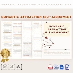 Puede incluir: Un test de autoevaluación imprimible titulado "Romantic Attraction Self-Assessment". El documento presenta secciones sobre inteligencia emocional, puntuación y mentalidad de relación. Incluye un sello "Best Choice" e iconos para imprimir, editar y fuente gratuita.