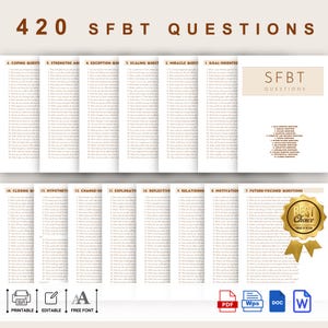 Puede incluir: Una hoja de trabajo imprimible con 420 preguntas de Terapia Breve Centrada en Soluciones (SFBT) organizadas en 14 categorías. Las categorías incluyen: Orientado a objetivos, Milagro, Escalado, Excepción, Fortalezas, Afrontamiento, Cambio de perspectiva, Exploratorio, Reflexivo, Relaciones, Motivación, Orientado al futuro, Hipotético y Preguntas de cierre. La hoja de trabajo está etiquetada como "Mejor opción" e incluye iconos para PDF, WPS, DOC y Word.