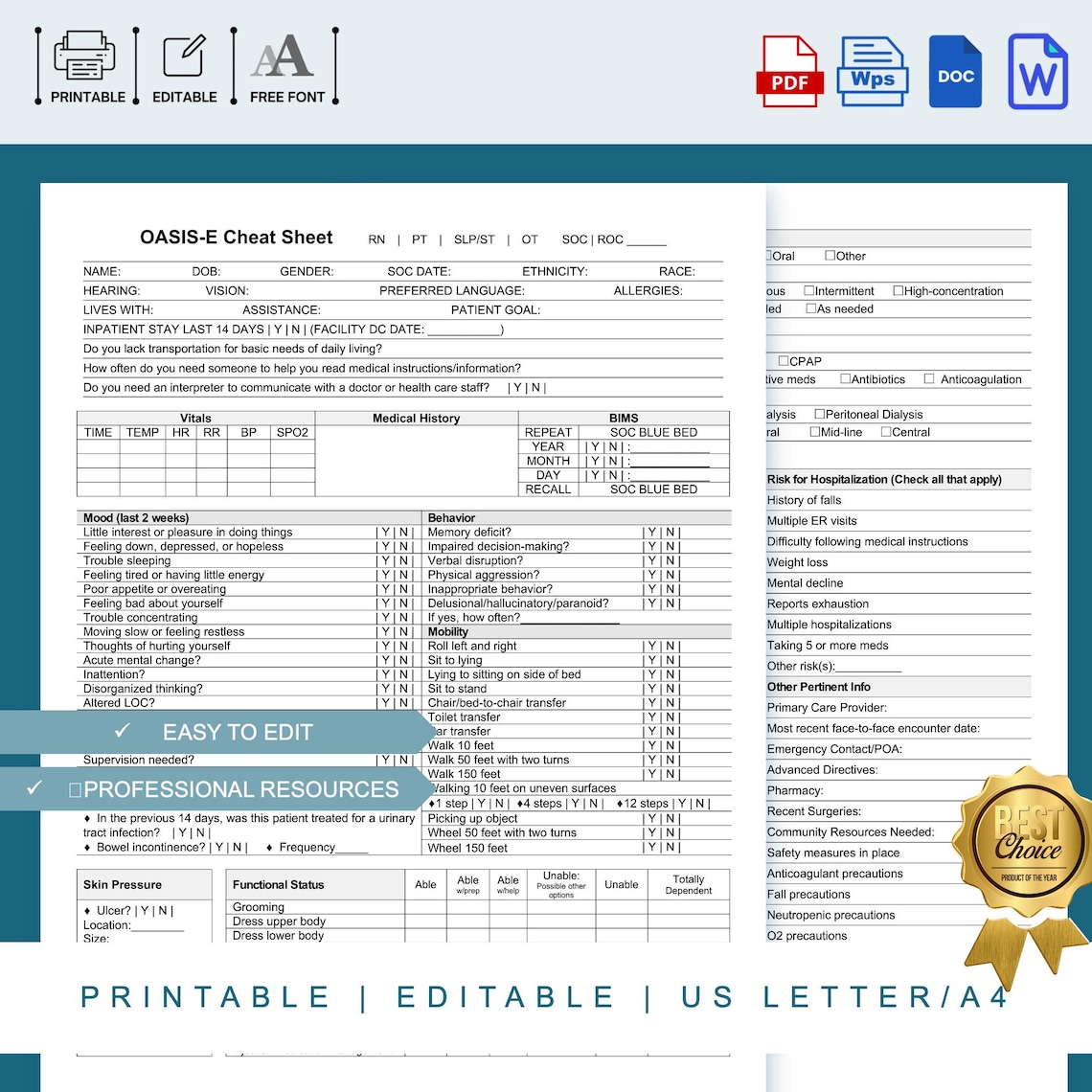 Printable OASIS-E Start of Care Cheat Sheet, Editable OASIS E Start of ...