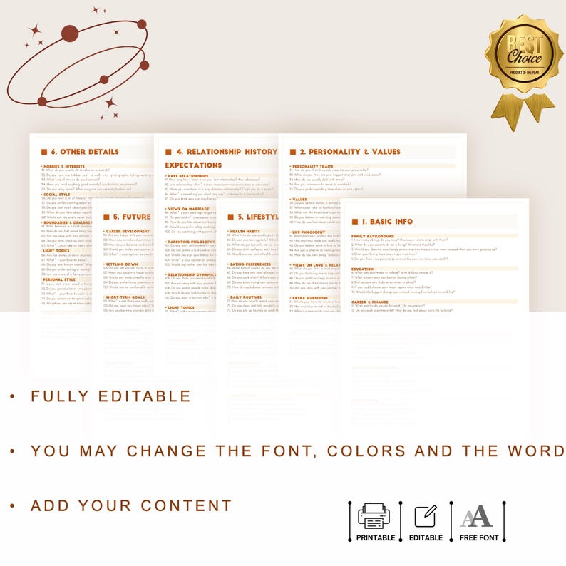 K&ouml;nnte beinhalten: Eine druckbare und bearbeitbare Vorlage mit Abschnitten f&uuml;r grundlegende Informationen, Pers&ouml;nlichkeit, Beziehungsgeschichte und Lebensstil. Das Design enth&auml;lt den Text "Best Choice" und "Vollst&auml;ndig bearbeitbar". Die Vorlage erm&ouml;glicht es, Inhalte hinzuzuf&uuml;gen und Schriftarten und Farben zu &auml;ndern.
