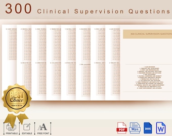 300 Clinical Supervision Questions, 15 Key Areas, Printable Therapist Supervision Questions, Editable Clinical Questions, for Counselors