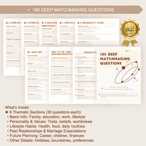 K&ouml;nnte beinhalten: Ein Heft mit dem Titel "180 Deep Matchmaking Questions" mit einem goldenen "Best Choice"-Siegel. Das Cover des Heftes zeigt ein abstraktes Design und den Text "During Conversation Starter: Love, Lifestyle, Values & Future Planning."