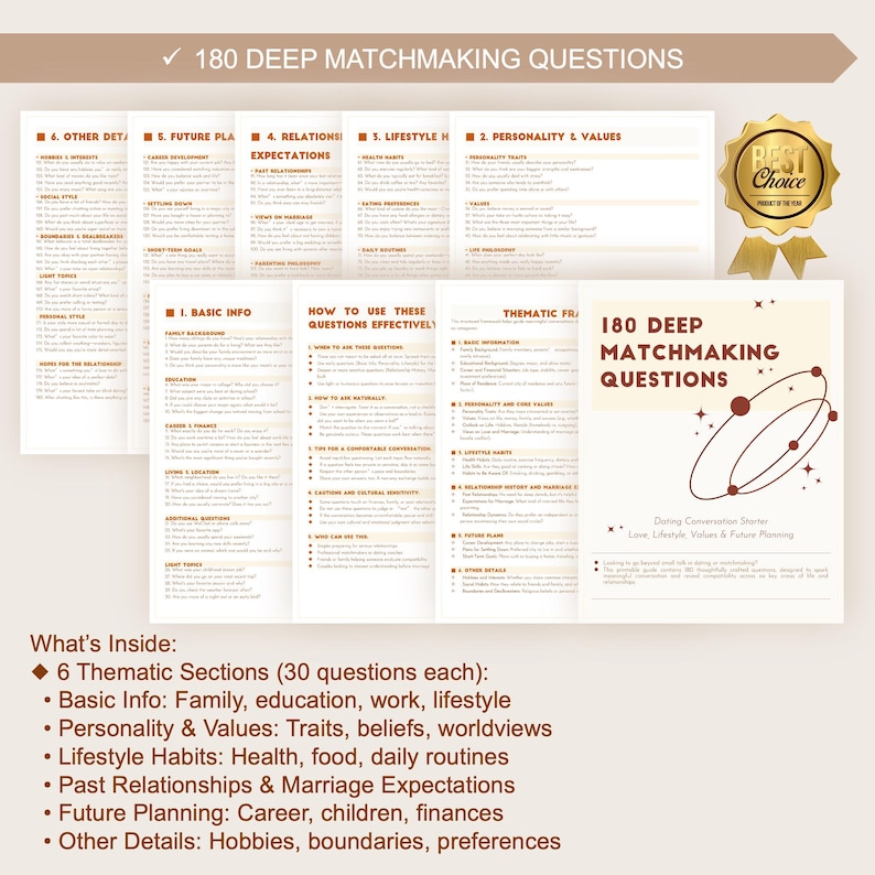 K&ouml;nnte beinhalten: Ein Heft mit dem Titel "180 Deep Matchmaking Questions" mit einem goldenen "Best Choice"-Siegel. Das Cover des Heftes zeigt ein abstraktes Design und den Text "During Conversation Starter: Love, Lifestyle, Values & Future Planning."