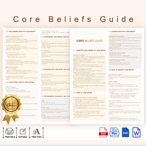 Core Beliefs Complete Guide Printable,Core Beliefs Worksheet, Editable Core Beliefs Cheat Sheet, Negative Core Beliefs Worksheet, Self-Help