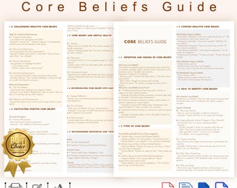 Core Beliefs Complete Guide Printable,Core Beliefs Worksheet, Editable Core Beliefs Cheat Sheet, Negative Core Beliefs Worksheet, Self-Help