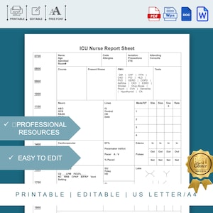 Printable ICU Nurse Report Sheet Template for Shift Handoff, Editable ICU Nurse Shift Report Template, ICU Patient Report Sheet for Nurses