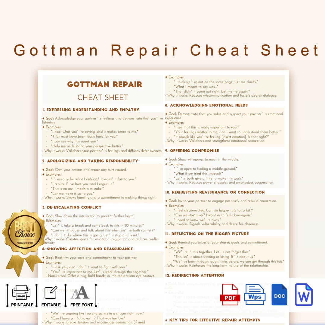 Gottman Repair Cheat Sheet, Relationship Conflict Resolution Printable