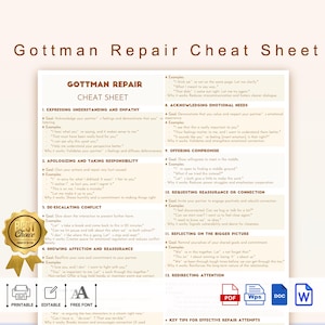 Folha de dicas para reparo de Gottman, PDF para impressão sobre resolução de conflitos de relacionamento, Guia para reparo de relacionamento, Folha de trabalho para resolução de conflitos de Gottman
