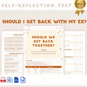Puede incluir: Se muestra un test de autorreflexión titulado "¿Debería volver con mi ex?". La imagen presenta un cuestionario con instrucciones, puntuación y pautas de interpretación. El producto es un cuestionario de evaluación de la reconciliación de relaciones.