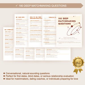K&ouml;nnte beinhalten: Ein Heft mit dem Titel "180 Deep Matchmaking Questions" mit einem goldenen "Best Choice"-Siegel. Das Cover des Heftes zeigt ein braunes und beiges Design mit einer Grafik von kreisenden Formen. Die Innenseiten enthalten verschiedene Fragen.