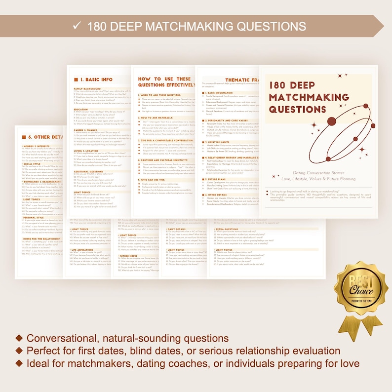 K&ouml;nnte beinhalten: Ein Heft mit dem Titel "180 Deep Matchmaking Questions" mit einem goldenen "Best Choice"-Siegel. Das Cover des Heftes zeigt ein braunes und beiges Design mit einer Grafik von kreisenden Formen. Die Innenseiten enthalten verschiedene Fragen.