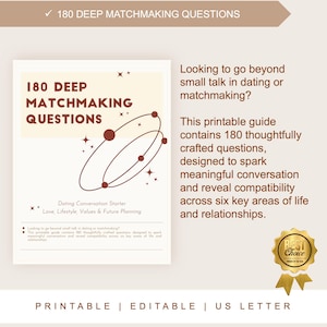 K&ouml;nnte beinhalten: Ein druckbarer Leitfaden mit dem Titel "180 Deep Matchmaking Questions" in Creme- und Braunt&ouml;nen. Er soll sinnvolle Gespr&auml;che anregen und die Kompatibilit&auml;t in Beziehungen aufzeigen. Der Text enth&auml;lt "Dating Conversation Starter" und "US Letter."
