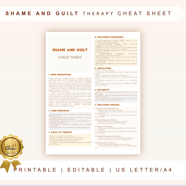 Color For Guilt Shame and Guilt Therapy Cheat Sheet, Cognitive Reframing and Emotional ...