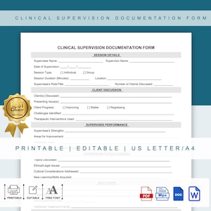 Printable Direct Service & Clinical Supervision Note Template ,Editable Clinical Supervision Documentation Form for Therapists
