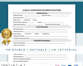 Printable Direct Service & Clinical Supervision Note Template ,Editable Clinical Supervision Documentation Form for Therapists