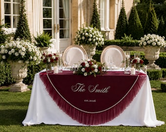 Personalized Sweetheart Table Banner, Burgundy Silk Wedding Table Sign, Chiffon Ruffle Table Decor, Custom Last Name, Pearl Garland