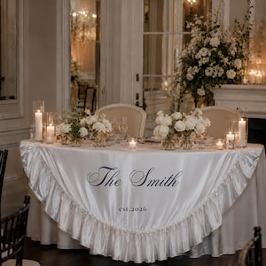 May include: A white satin table skirt with a ruffled edge, featuring the dark blue text "The Smith" and "est.2026" printed on the front. The table is decorated with white floral arrangements, clear glass candle holders, and white pillar candles.