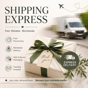 Könnte beinhalten: Ein Geschenkpaket in cremefarbenem Papier mit einem dunkelgrünen Band und einem Etikett mit der Aufschrift thank you. Das Bild enthält Text mit SHIPPING EXPRESS, Fast. Reliable. Worldwide., Fast Processing, Worldwide Delivery, Safe & Secure Packaging, Tracking Included, EXPRESS DELIVERY und Your order, delivered faster. Because your moments matter.