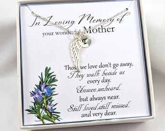 Loss of Mother Necklace, Sterling Silver Angel Wing, Initial Charm, Mother Memorial Necklace