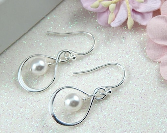 Pearl Earrings,Sterling Silver Infinity Earrings With Pearl,Earrings For Bride,BridesmaidEarrings,Choose Your Pearl Color