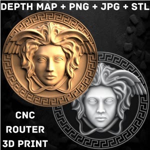 Méduse antique, pièce de monnaie et conception de gravure laser à fibre optique 3D, PNG, Jpeg, carte de profondeur, pour gravure CNC et laser, téléchargement numérique