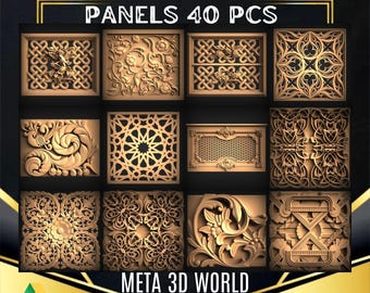 May include: A collection of 40 intricate 3D printable panels, perfect for CNC routing or 3D printing. The panels feature a variety of ornate designs, including floral, geometric, and abstract patterns. The designs are rendered in a gold color, giving them a luxurious and elegant look.