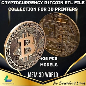 Op de afbeelding: Een verzameling van 25 3D-printbare modellen van Bitcoin-cryptovalutamunten. De munten zijn goudkleurig en hebben ingewikkelde details, waaronder het Bitcoin-logo en de tekst "Decentralized Peer to Peer". De afbeelding bevat ook de tekst "ROGS Approved MJB 2013".