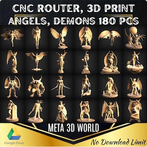 Paquete de ángeles y demonios, 180 piezas: modelo STL 3D para enrutador CNC, relieve, Artcam, Aspire, grabador, máquina de tallado, demonios, archivo de impresión 3D