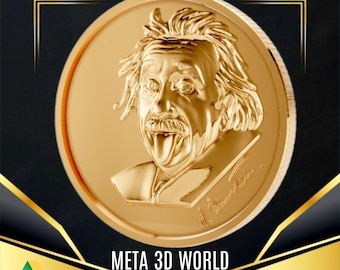 May include: A gold-colored medallion featuring a detailed relief of Albert Einstein. The image includes the text "ALBERT EINSTEIN STL FILE" at the top and "META 3D WORLD" at the bottom. The Google Drive logo is visible in the lower left corner.