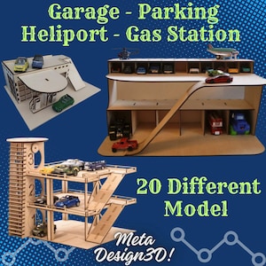 Lasergesneden garage, parkeerpuzzel, autodisplay, benzinestation, helihaven, speelbord, parkeerpakket met stroge-bestanden