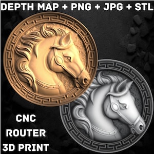 Ontwerp paardenmunt en -medaille - 3D-vezellasergravureontwerp, png, jpeg, dieptekaart, voor CNC en lasergravure - digitale download