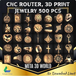 Pakiet biżuterii, 500 szt. - model 3D STL do routera CNC, reliefu, Artcam, Aspire, grawera, maszyny do rzeźbienia, pierścionka, wisiorka, kolczyka, plik do druku 3D