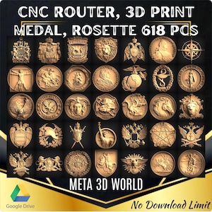Medallas, Roseta 618 piezas - Modelo STL 3D para enrutador CNC, relieve, Artcam, Aspire, grabador, máquina de tallado, brazos, medallas, insignias, archivo de impresión 3D