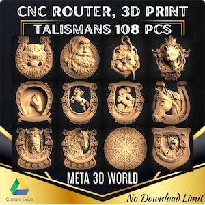 Amuletos, paquete de talismanes, 108 piezas - Modelo STL 3D para enrutador CNC, relieve, Artcam, Aspire, grabador, máquina de tallado, amuletos, archivo de impresión 3D
